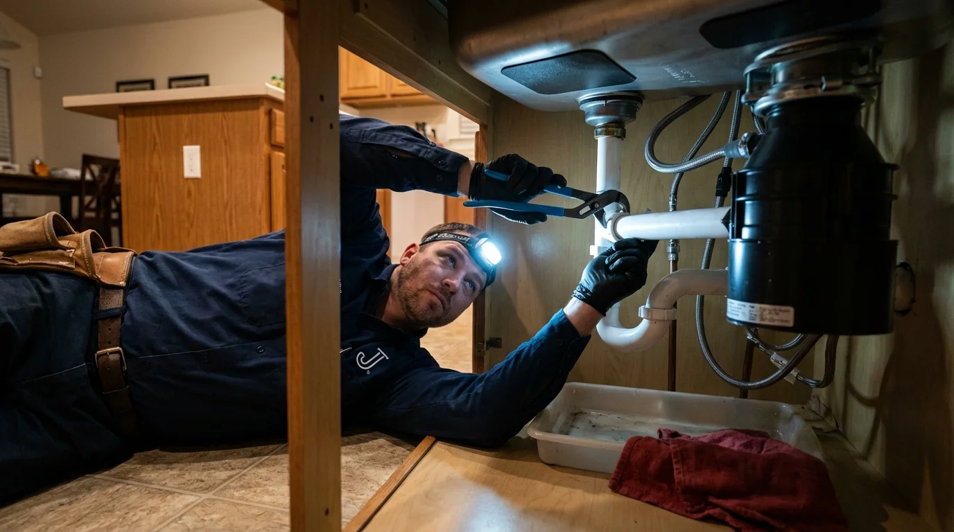 P-trap and supply line connections under a kitchen sink showing a common leak point in Florence, NJ